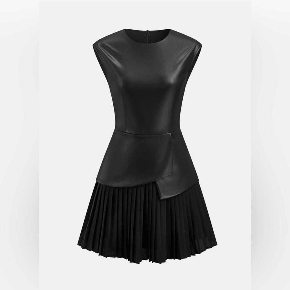 Commense Pleated Panel Sleeveless Faux Leather Dress - Picture 4 of 7